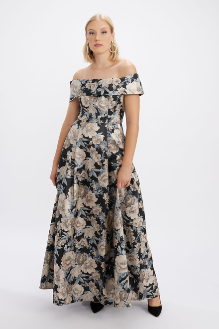 Cold Shoulder Floral Motif Gown Style 8157026. Black/Taupe
