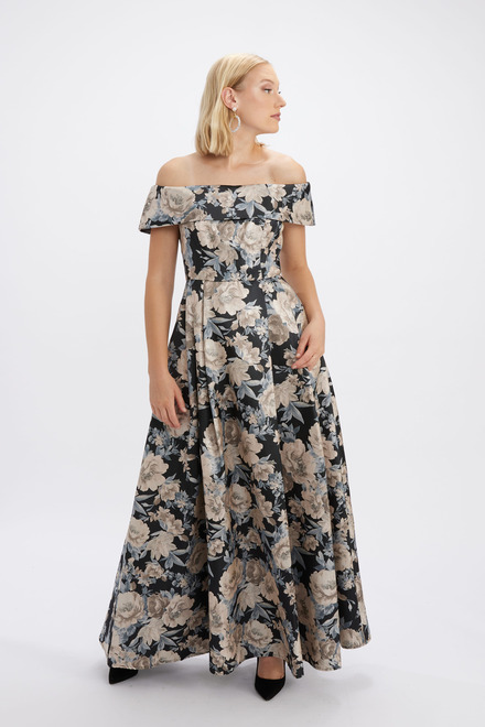 Cold Shoulder Floral Motif Gown Style 8157026. Black/taupe. 3