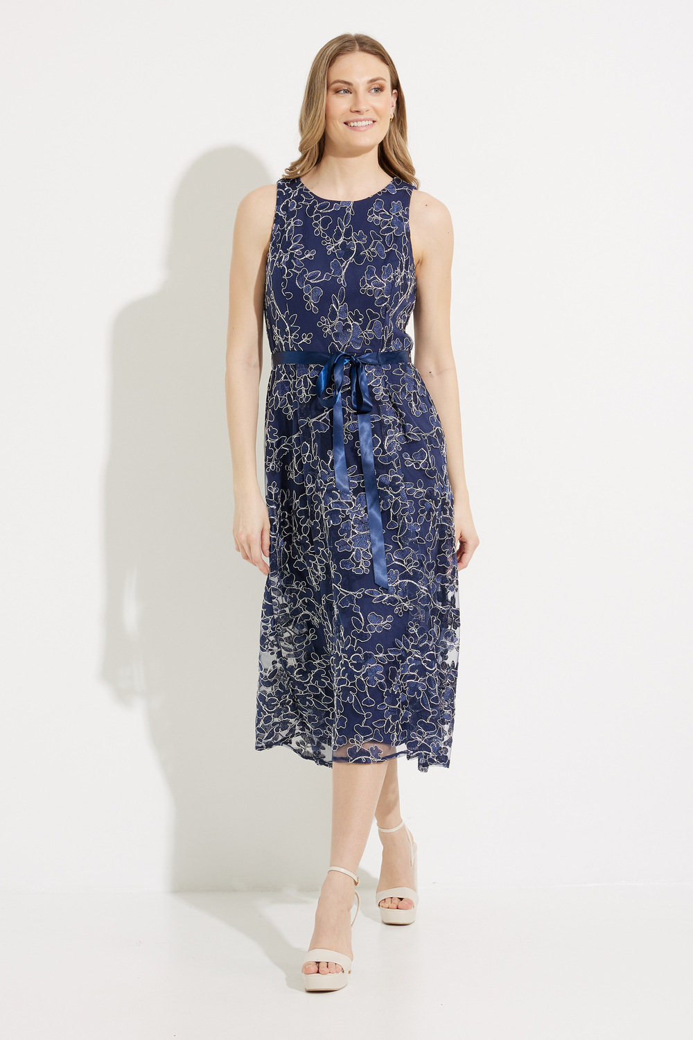 Embroidered Floral Dress Style J1171290. Navy