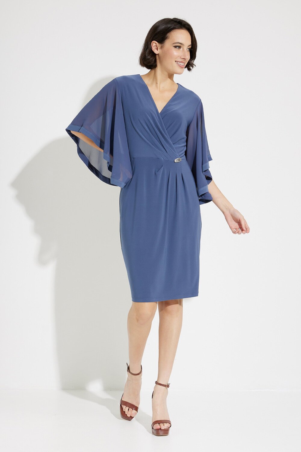 Wrap Front Flutter Sleeve Dress Style 231771. Mineral Blue