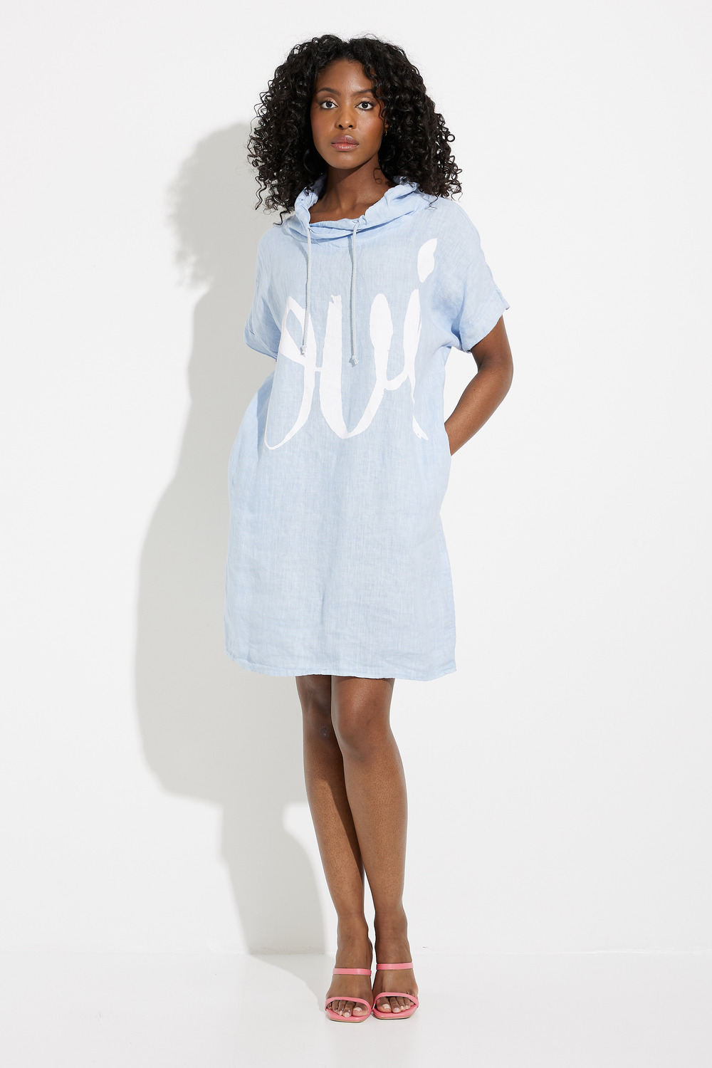 Printed Linen Hooded Dress Style C3146. Cerulean