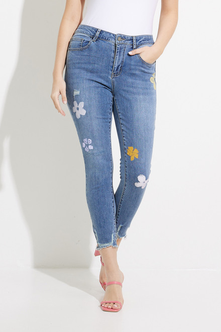 Printed Flower Denim Pants Style C5318R. Medium blue