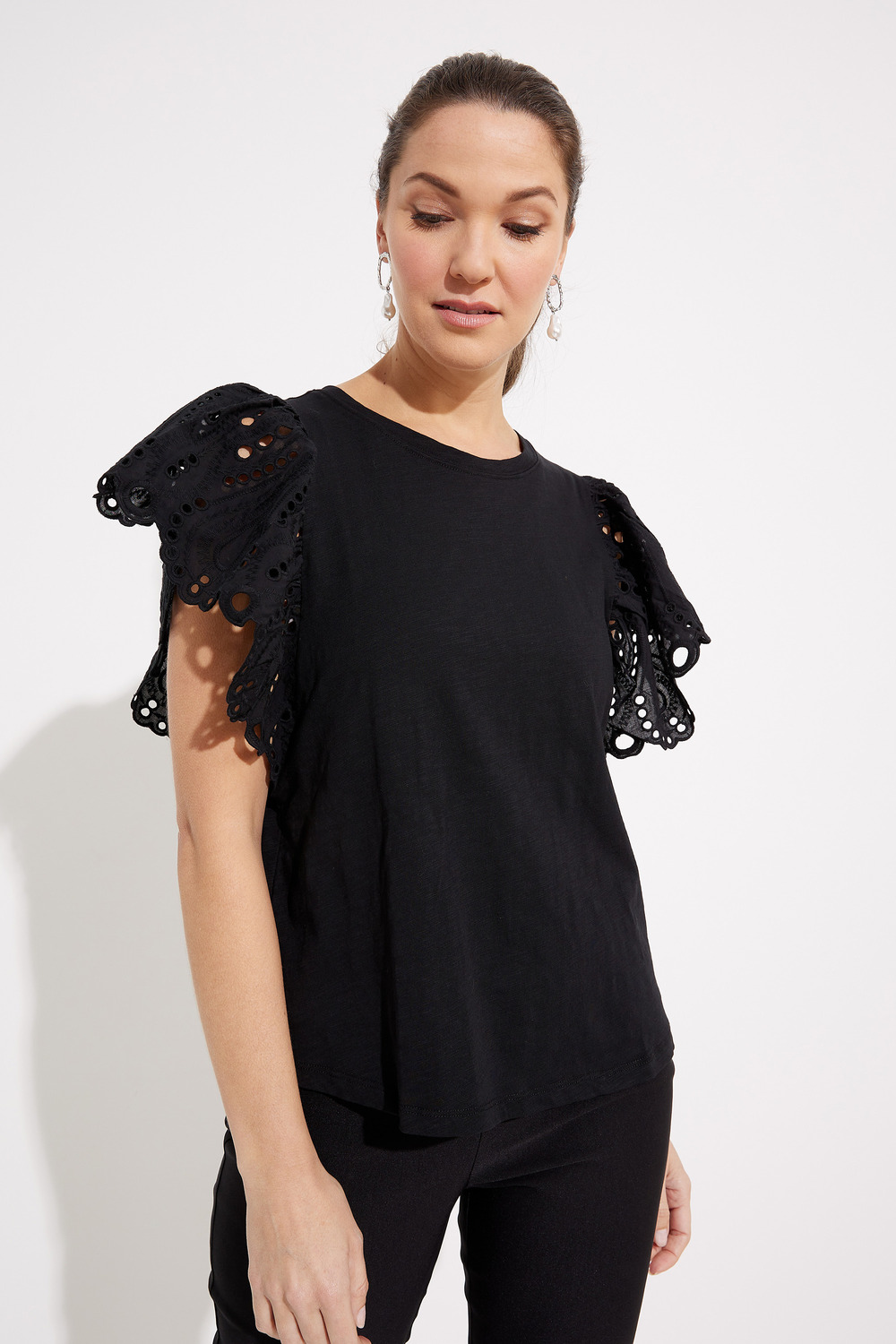 Lace Flutter Sleeve Top Style T7639. Black