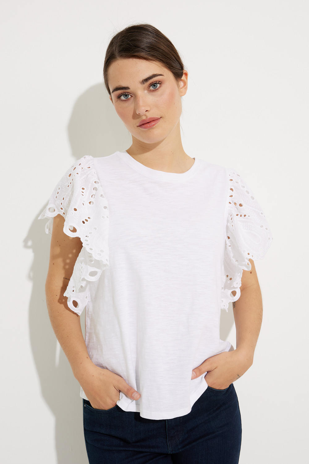 Lace Flutter Sleeve Top Style T7639. True White