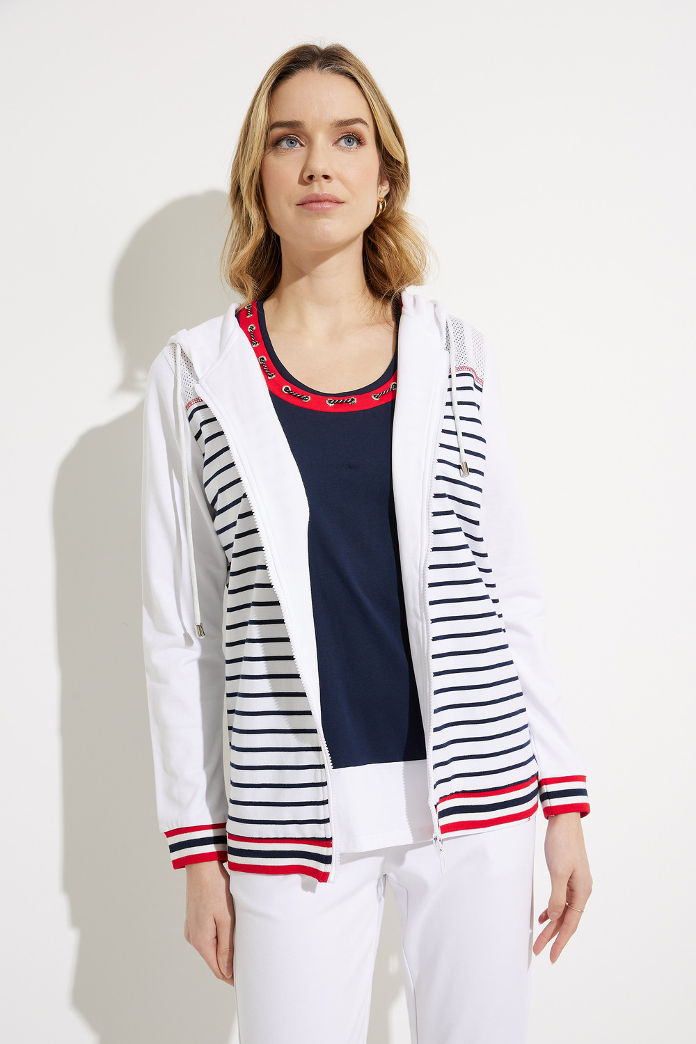 Embroidered Striped Hooded Sweater Style 605-11. As Sample