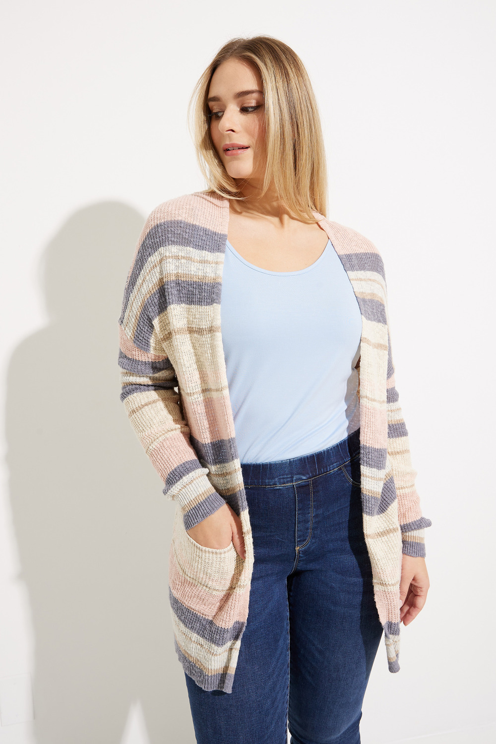 Open Front Striped Cardigan Style C2397. Pearl