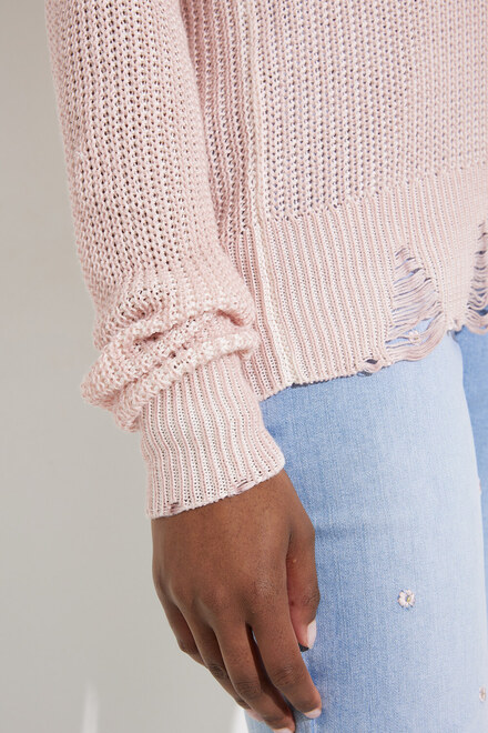 Long Sleeves Raw Edges V Neck Cold Dye Sweater. Pearl