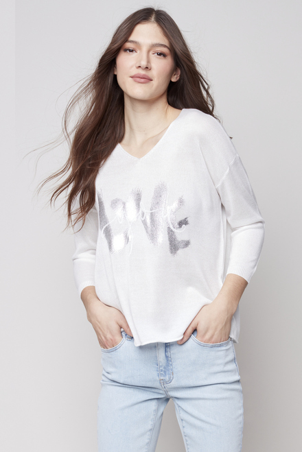 Graphic Front Knit Top Style C2506. White