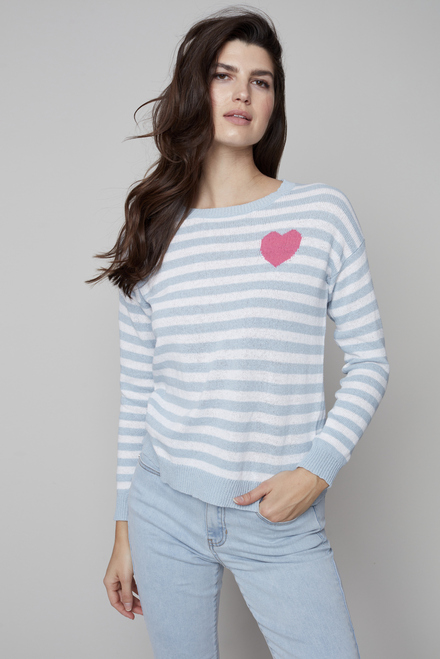 Heart Detail Striped Sweater Style C2512. Cerulean