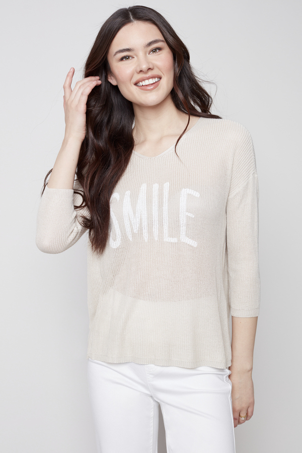 Graphic Front Knit Top Style C2514. Natural