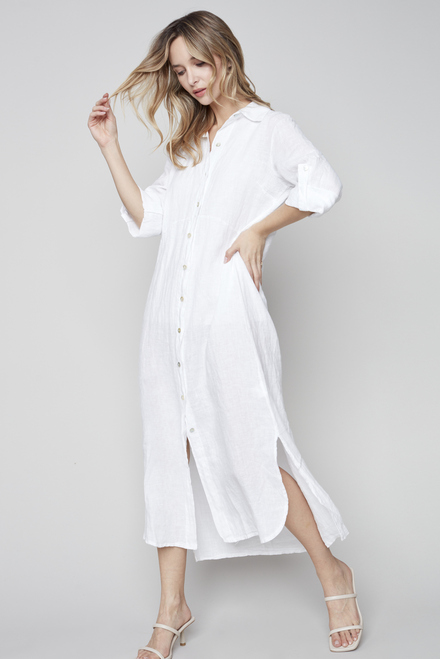 Solid 3/4 Roll Up Sleeves Button Front Tunic Dress C3106. White