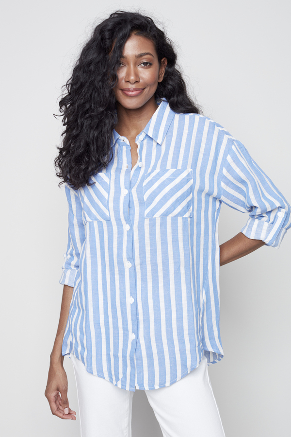 Mixed Striped Blouse Style C4444. Blue