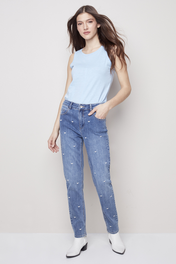 Embroidered Hearts Denim Pant Style C5396. Silver Hearts