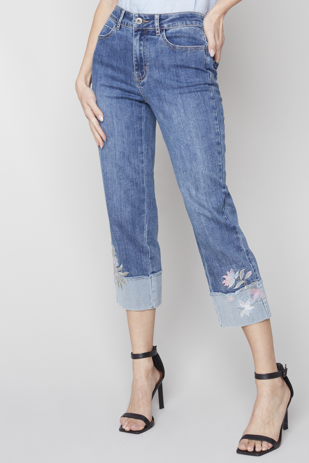 Embroidered Cuff Jeans Style C5399. Medium Blue