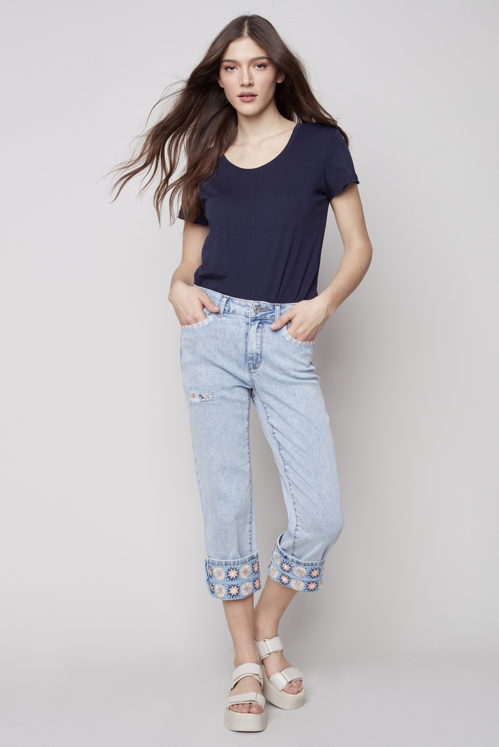 Embroidered Detail Jeans Style C5418. Lt. Blue