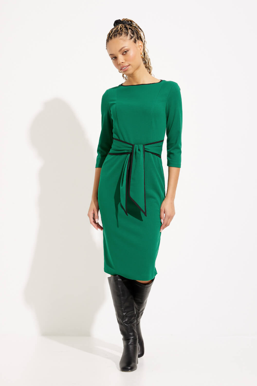 Contrast Trim 3/4 Sleeve Dress Style 221210TT. True Emerald/black