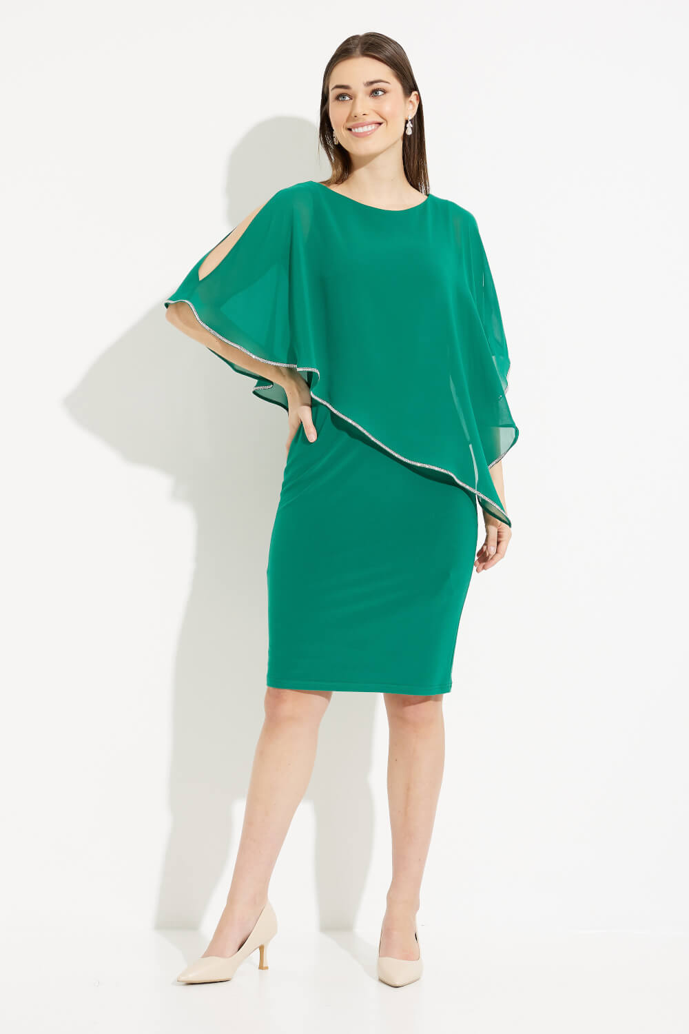 Jewel Trim Chiffon Overlay Dress Style 223762TT. True Emerald
