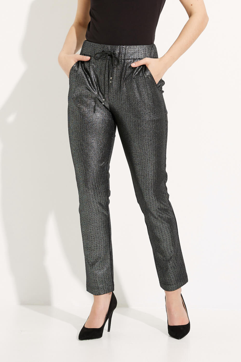 Metallic Drawstring Pants Style 233001. Black/silver