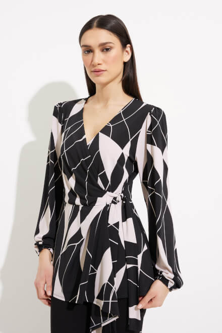 Abstract Print Wrap Front Blouse Style 233033. Black/moonstone
