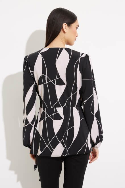Abstract Print Wrap Front Blouse Style 233033. Black/moonstone. 2