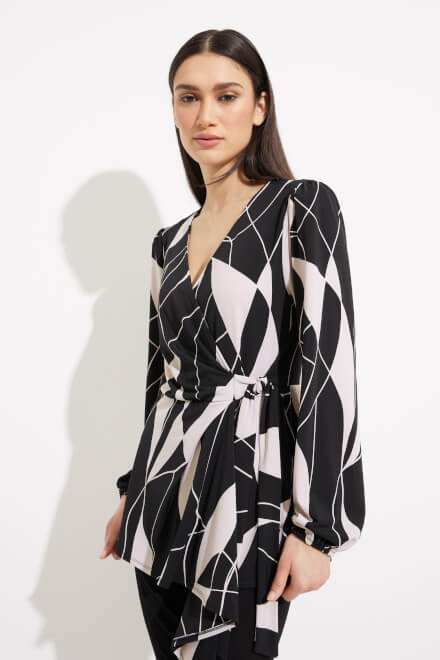Abstract Print Wrap Front Blouse Style 233033. Black/moonstone. 3