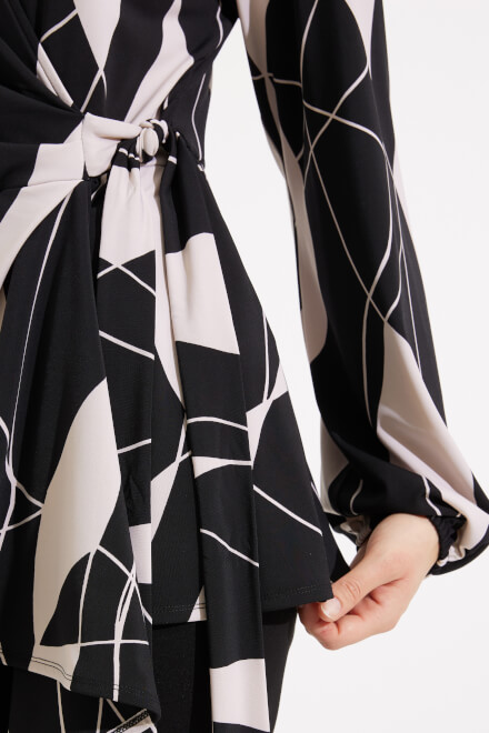 Abstract Print Wrap Front Blouse Style 233033. Black/moonstone. 4