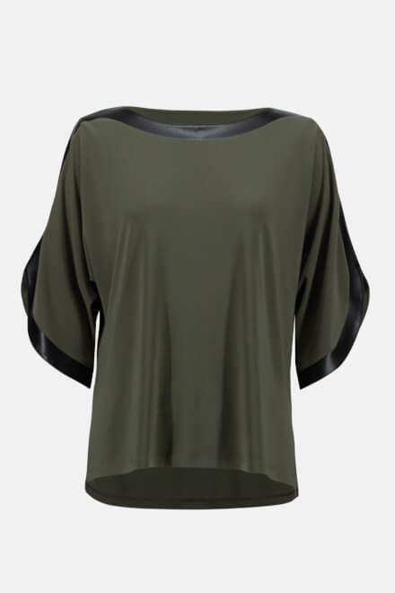 Faux Leather Flutter Sleeve Top Style 233129. Avocado/black. 6
