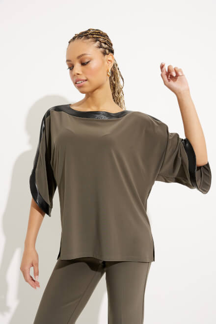 Faux Leather Flutter Sleeve Top Style 233129. Avocado/black. 3