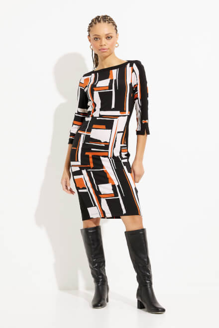 Abstract Print Boat Neck Dress Style 233173. Black/multi. 6