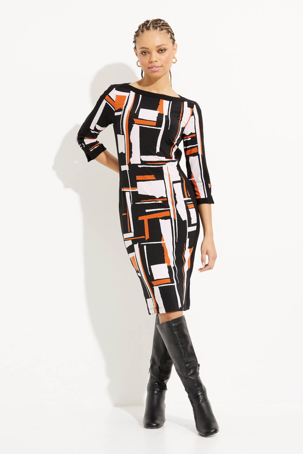 Abstract Print Boat Neck Dress Style 233173. Black/multi