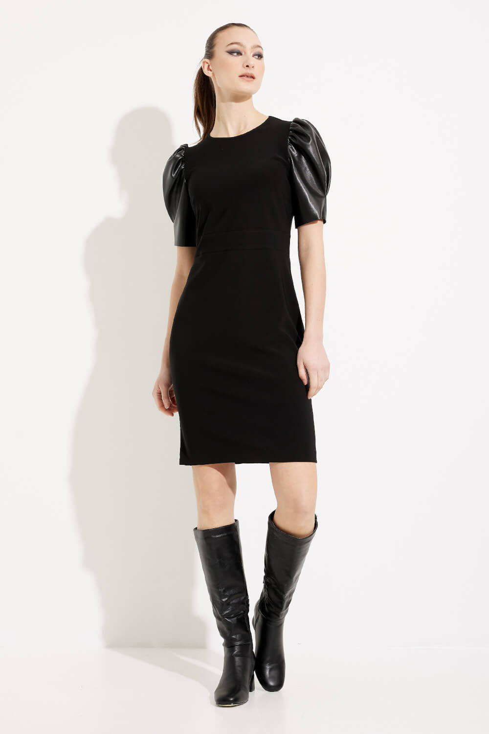 Faux Leather Puff Sleeve Dress Style 233213. Black