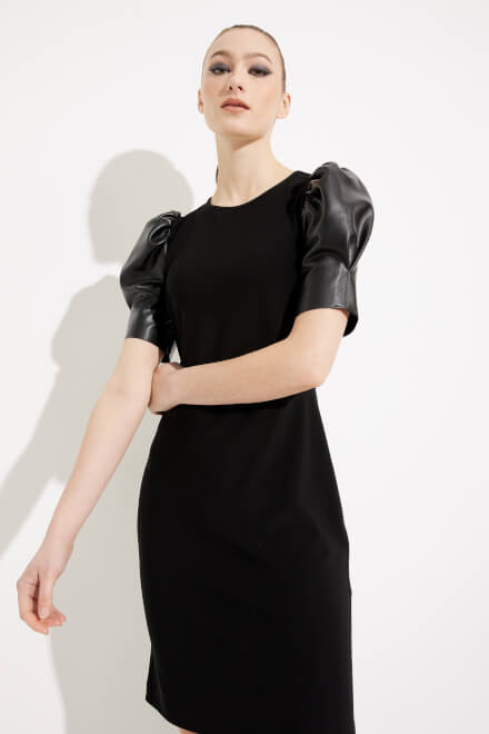 Faux Leather Puff Sleeve Dress Style 233213. Black. 3