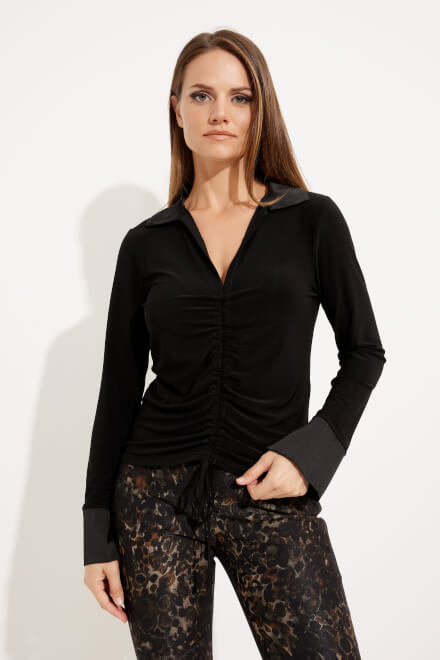 Notched Collar Ruched Top Style 233220. Black