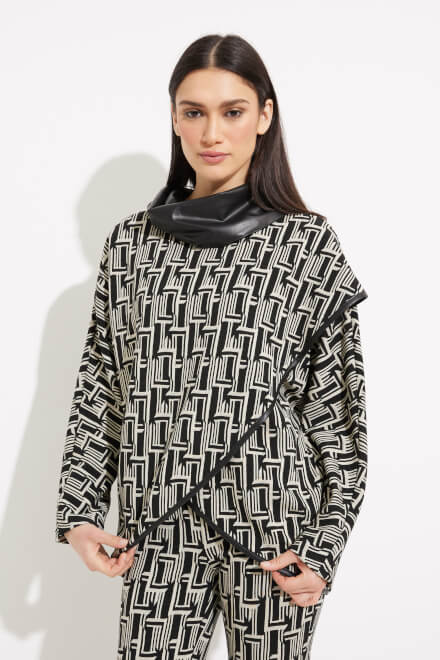 Abstract Print Shawl Collar Top Style 233227. Black/Beige