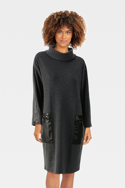 Faux Leather Mock Neck Dress Style 233262. Grey Melange/black. 4