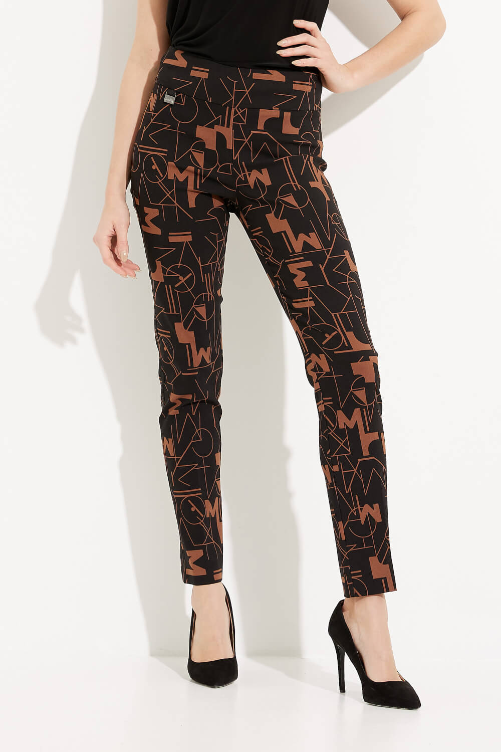Abstract Print Straight Leg Pants Style 233279. Black/toffee