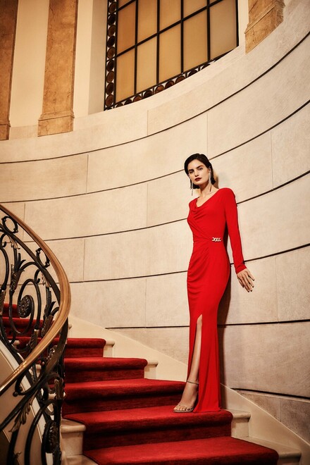 Draped Neck Gown Style 233752. Lipstick Red 173