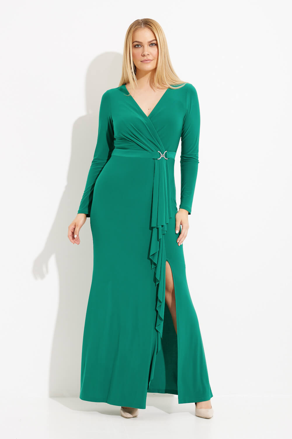 Belted Dress with slit Style 233788. True Emerald