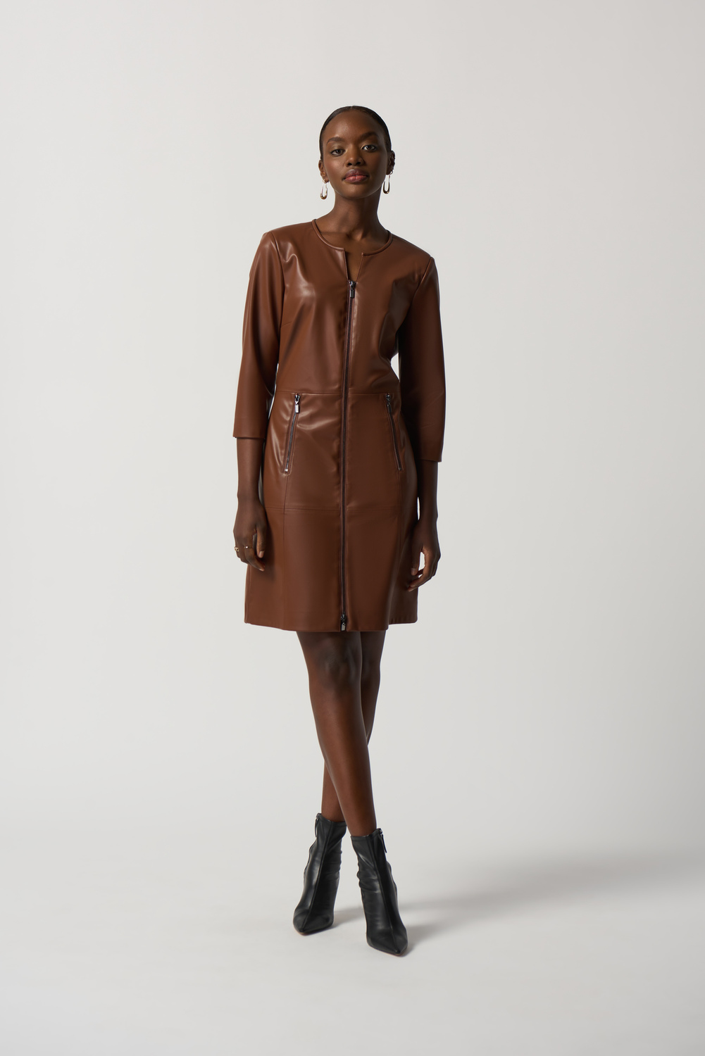 Faux Leather Zip-Up Dress Style 233920. Toffee