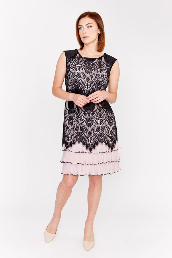 Lace Bodice Tiered Dress Style 189328. Black/blush