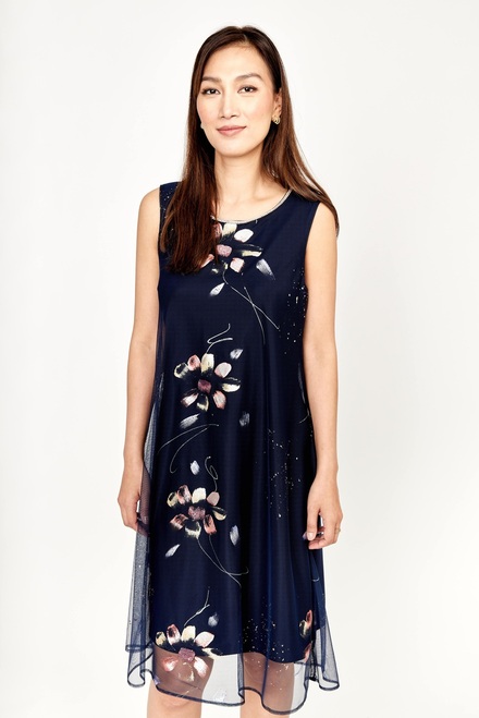 Floral Print Chiffon Dress Style 239314. Midnight Blue/coral. 5