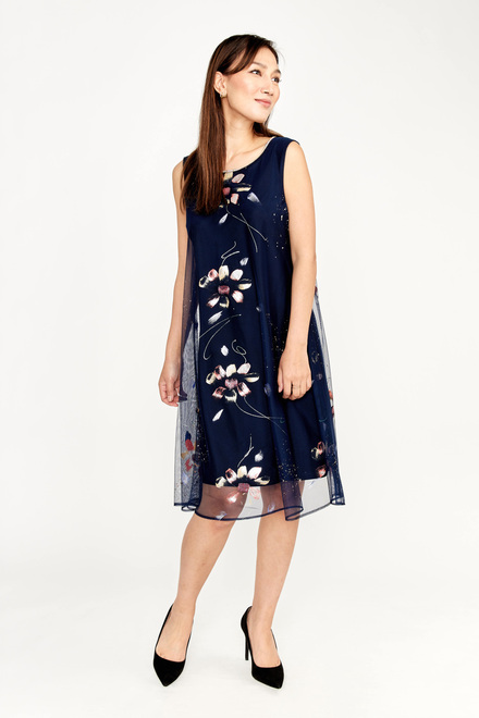 Floral Print Chiffon Dress Style 239314. Midnight Blue/Coral