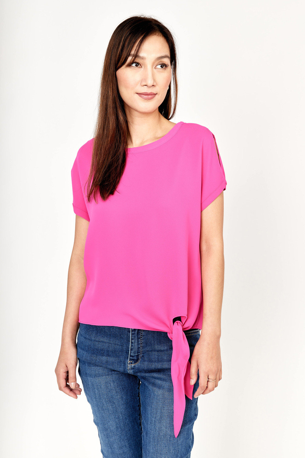 Short Sleeve Tie Front Top Style 181224. Hot Pink