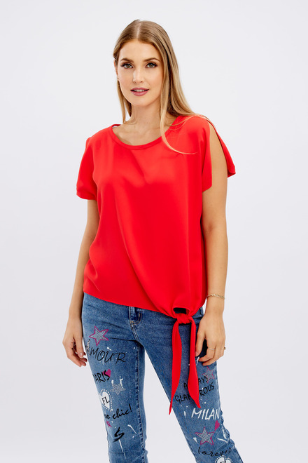 Short Sleeve Tie Front Top Style 181224. Tomato