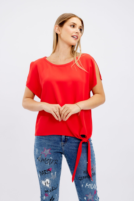Short Sleeve Tie Front Top Style 181224. Tomato. 4