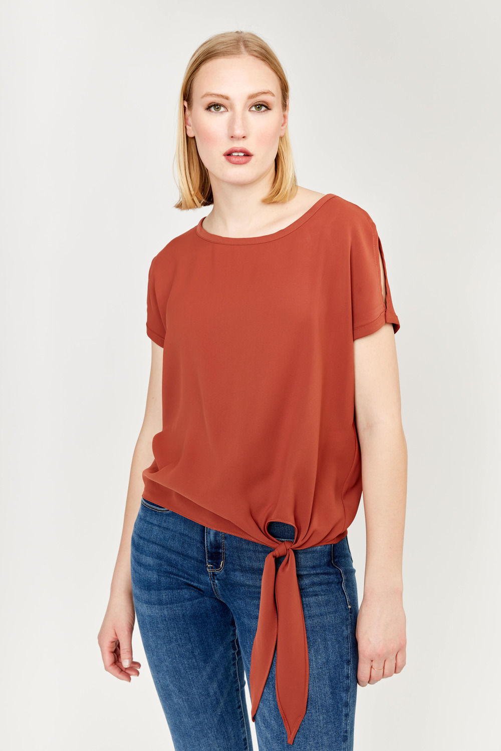 Short Sleeve Tie Front Top Style 181224. Whiskey