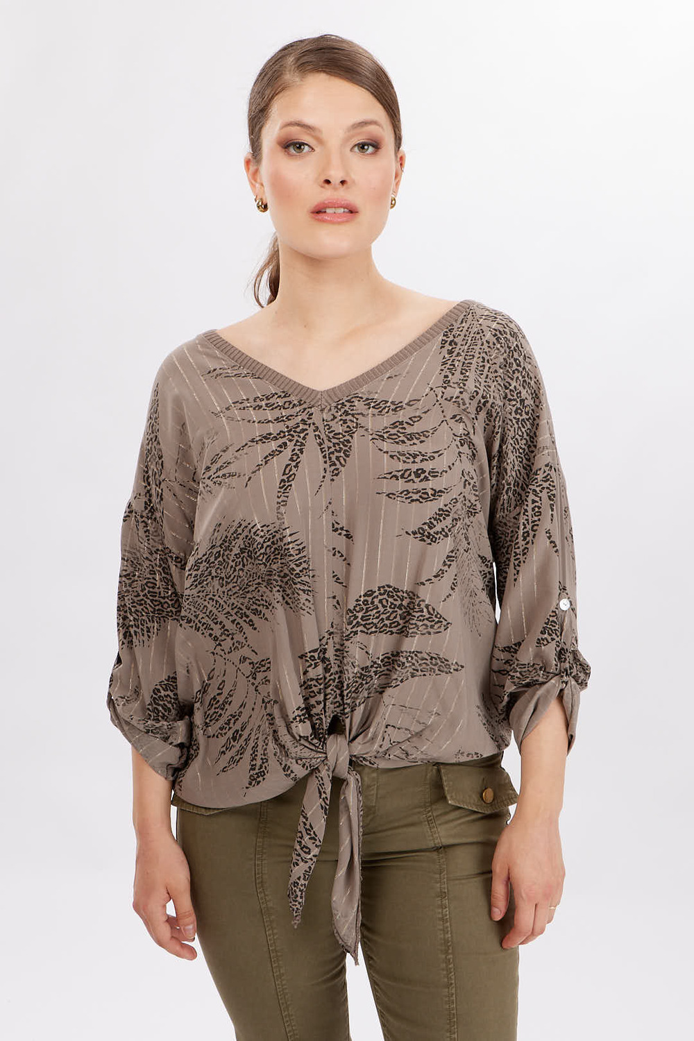Printed Tie-Front Top Style 702-03. Mocha