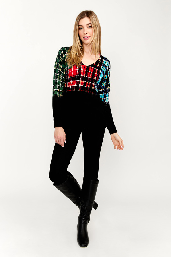 Alison Sheri Solid & Plaid Sweater Style A42200