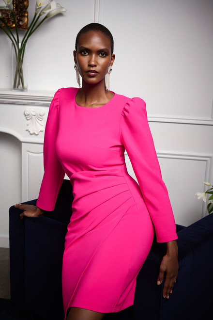 Wrap Front Puff Sleeve Dress Style 234025. Shocking pink