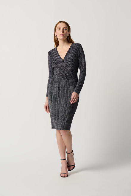 Metallic Knit Wrap Front Dress Style 234080. Black/Silver